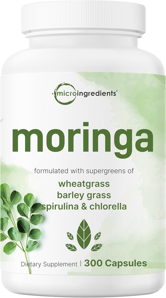 Moringa Oleifera 6,000mg Equivalent | 300 Capsules with Supergreens Blend of Wheatgrass, Barley Grass, Spirulina, & Chlorella | Antioxidant Supplement, Energy, & Immune Support | Non-GMO