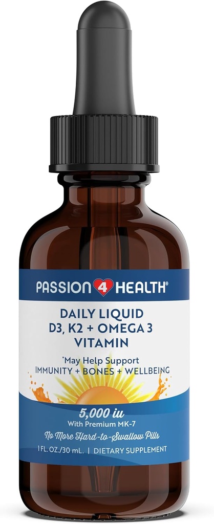 Passion 4 Health Organic Liquid Vitamin D3 K2 (Mk-7) + Omega 3 Supplement - Liquid Vitamin D Drops (5000IU) - Support for Healthy Bones and Muscles