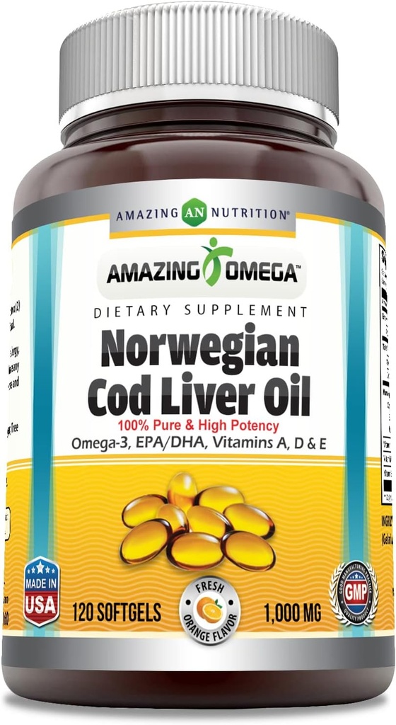 Amazing Omega Norwegian Cod Liver Oil (Omega-3, EPA/DHA) Supplement | 1000 Mg Per Serving | 120 Softgels | Orange Flavor | Non-GMO | Gluten-Free | Made in USA