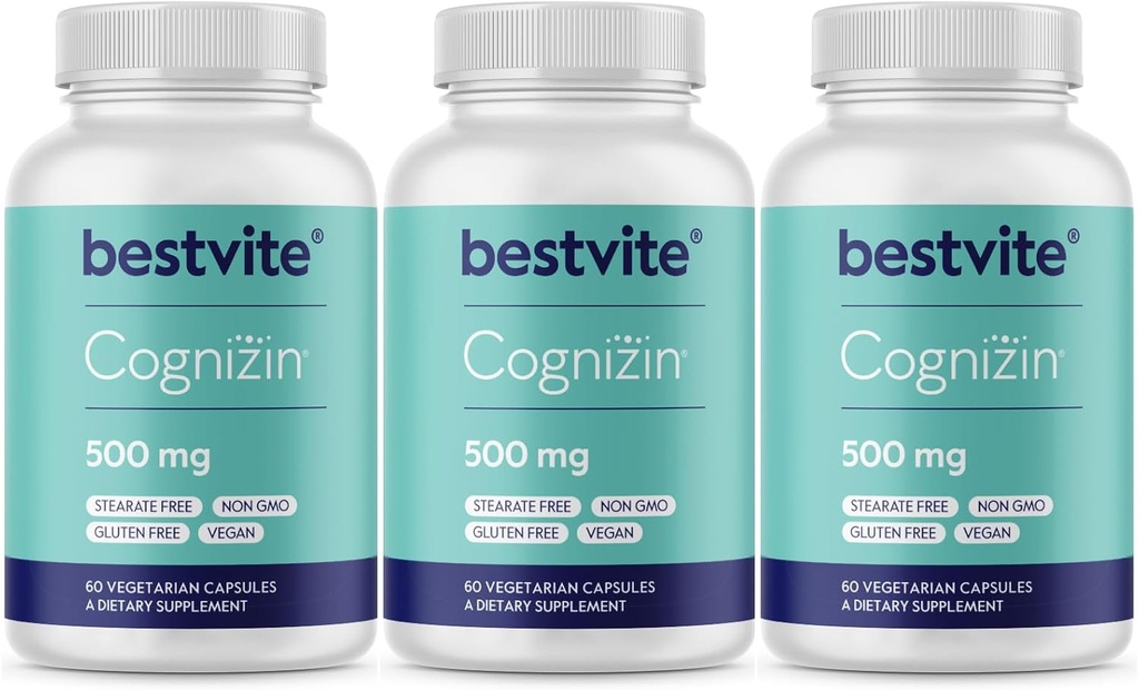BESTVITE Cognizin Citicoline 500mg (180 Vegetarian Capsules) (60x3) - Clinically Studied Premium Choline Nootropic - No Stearates - Vegan - Gluten Free - Brain Supplements for Memory and Focus