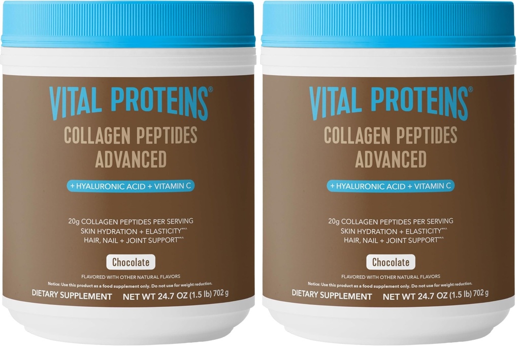 Vital Proteins Collagen Peptides Advanced, Hydrolyzed Peptides with Hyaluronic Acid and Vitamin C - Chocolate Flavor Powder, 24.7oz (Pack of 2)