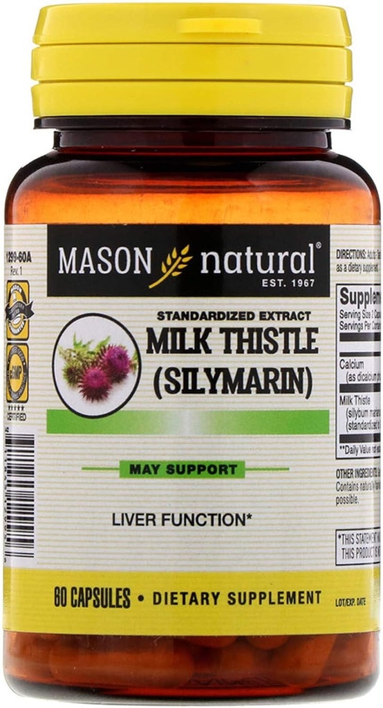 MASON NATURAL Milk Thistle (80% Silymarin Extract) with Calcium - Supports Health Liver Function, Cleanse and Detox, 60 Capsules