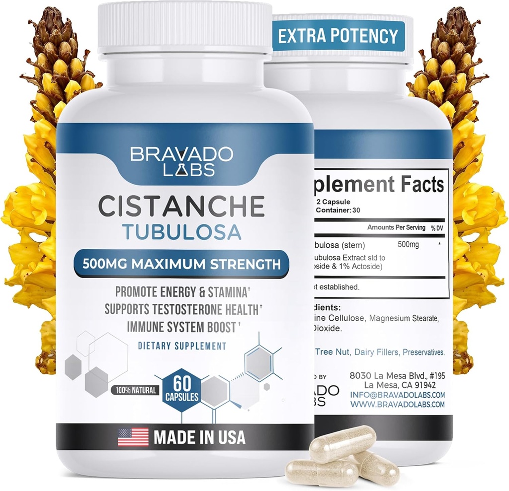 Cistanche Tubulosa Supplement Men 500 mg - Testosterone Booster for Men - Promotes Strength, Mood, Energy, Focus, Hormone Support - Cistanche Tubulosa Extract Powder - 60 ct