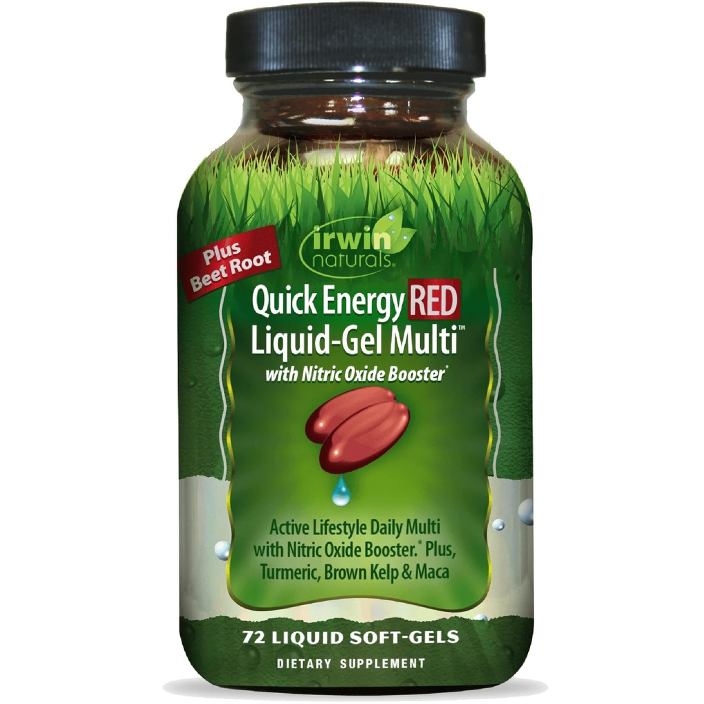 Irwin Naturals Quick Energy RED Liquid-Gel Multi with Nitric Oxide Booster - 72 Liquid Softgels - with Nitric Oxide Booster, Turmeric, Brown Kelp, Maca & Beet Root