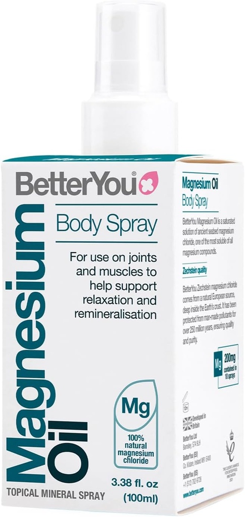 BetterYou Magnesium Oil Body Spray - Supports Natural Muscle Recovery and Function - Helps Your Skin Soak in Calcium - Effective Absorption for Strong Bones with Great Flexibility - 3.38 oz