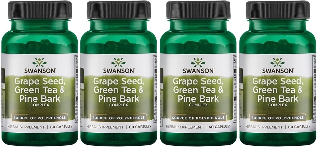 Swanson Grape Seed Green Tea & Pine Bark Complex Heart Cardiovascular Immune Support Health Antioxidant Healthy Blood Pressure Support Polyphenols OPCS Herbal Supplement 60 Capsules (Caps) (4 Pack)
