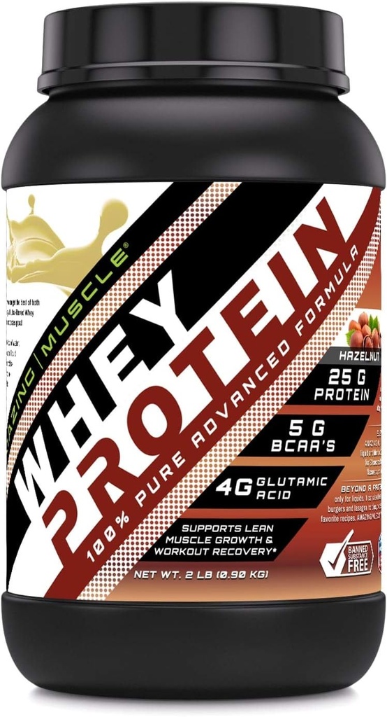 [BRSWGBIHCEMAIF3K] Amazing Muscle Whey Protein Isolate & Concentrate 25 G per Serving Supplement | Hazelnut Flavor | 2 Lb (0.90 Kg) | Non-GMO | Gluten-Free
