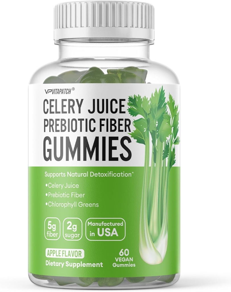 Celery Juice Fiber Gummies for Adults - Prebiotic Celery Juice Gummy for Detoxification Support & Supergreens Boost with Celery Juice, Chlorophyll, & Prebiotic Fiber - 60 Count