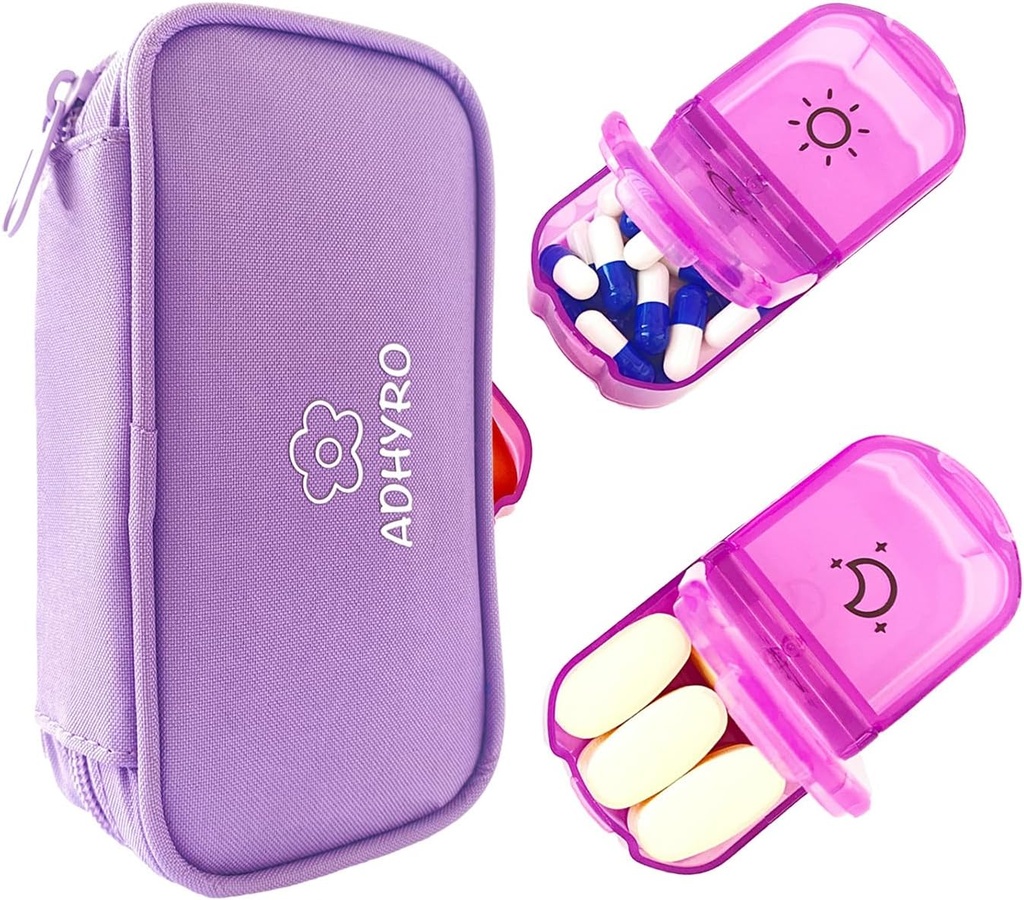 Pill Organizer 2 Times a Day, Large AM/PM Weekly Pill Box 7 Day Pill Case with writable Labels and Privacy Protection Light-Purple Zipper Bag to Hold Supplements, Vitamins and Fish Oils