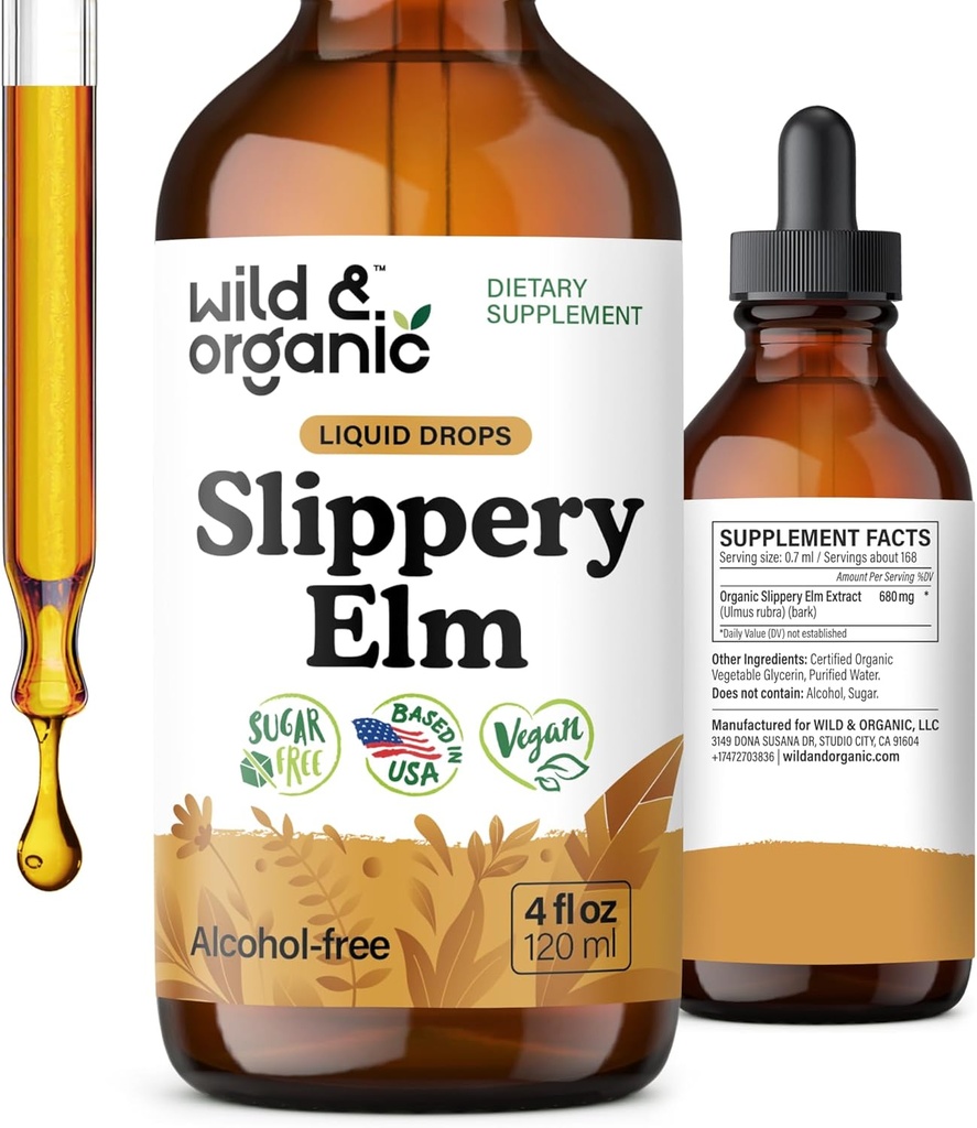 Wild & Organic Slippery Elm Liquid Drops - Lung, Digestive & Women's Support - Slippery Elm Bark Extract Tincture - Ulmus Rubra Supplement - Vegan, Sugar & Alcohol-Free - 4 fl oz
