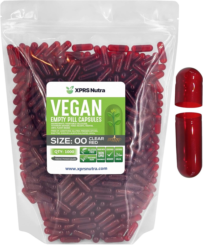 XPRS Nutra Size 00 Empty Capsules - 1000 Count Empty Vegan Capsules - Vegetarian Empty Pills - DIY Vegetable Capsule Filling- Veggie Pill Caps (Clear Red)