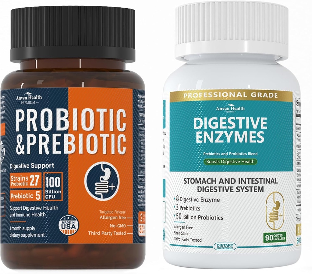 [BRSRAAAHCVYGA3QZ] Total Gut Health Boost Bundle: Digestive Enzymes + 100 Billion Probiotics for Men & Women – Bloating, Digestive Relief & Immune Support