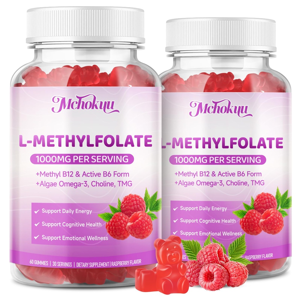 L-Methylfolate (5-MTHF) Gummies 1000mcg, Advanced Folate Supplement for Women & Men with Methyl B12, Choline, TMG & Omega-3 for Energy Support, Sugar Free Raspberry Flavor, Vegan 120 Count