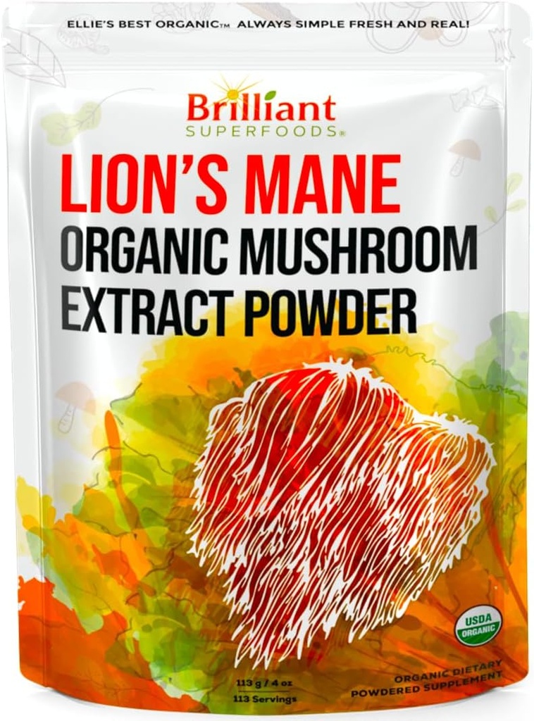 Ellie's Best Lions Mane Mushroom Extract Powder Supplement Organic 114 Servings - Double Extracted for Highest Potency - Dissolves in Coffee, Tea, Juice etc.4oz