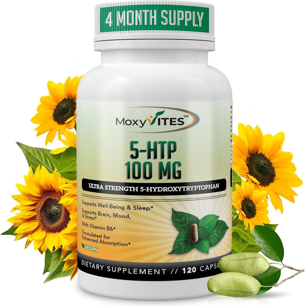 5HTP 100mg Supplement, Plus B6, 5 HTP Organic Whole Food - Best Serotonin Booster - Non-GMO, 120 Vegan Capsules