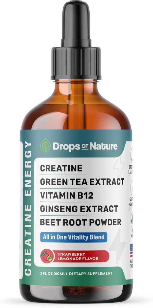 Creatine Monohydrate and Vitamin B12 Drops - With Beet Root Powder, Organic Green Tea & Ginseng - Vegan, Faster Absorption than Creatine Gummies - Energy & Vitality Support (Strawberry Lemonade, 60mL)
