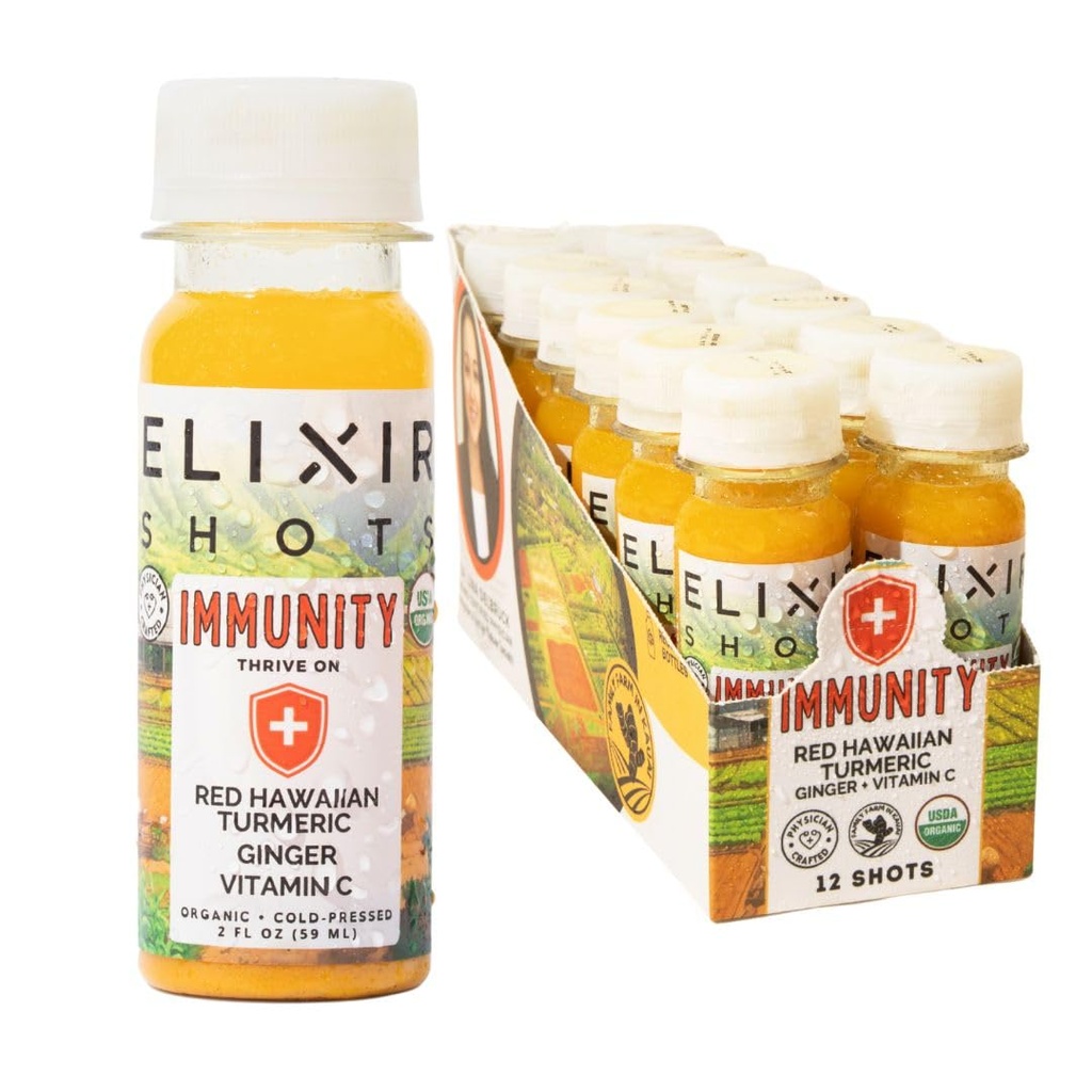 Elixir Shots, Immunity Boost Wellness Shot with Cold-Pressed Turmeric, Ginger, Orange and Black Pepper, No Added Sugars or Artificial Ingredients,12-pack