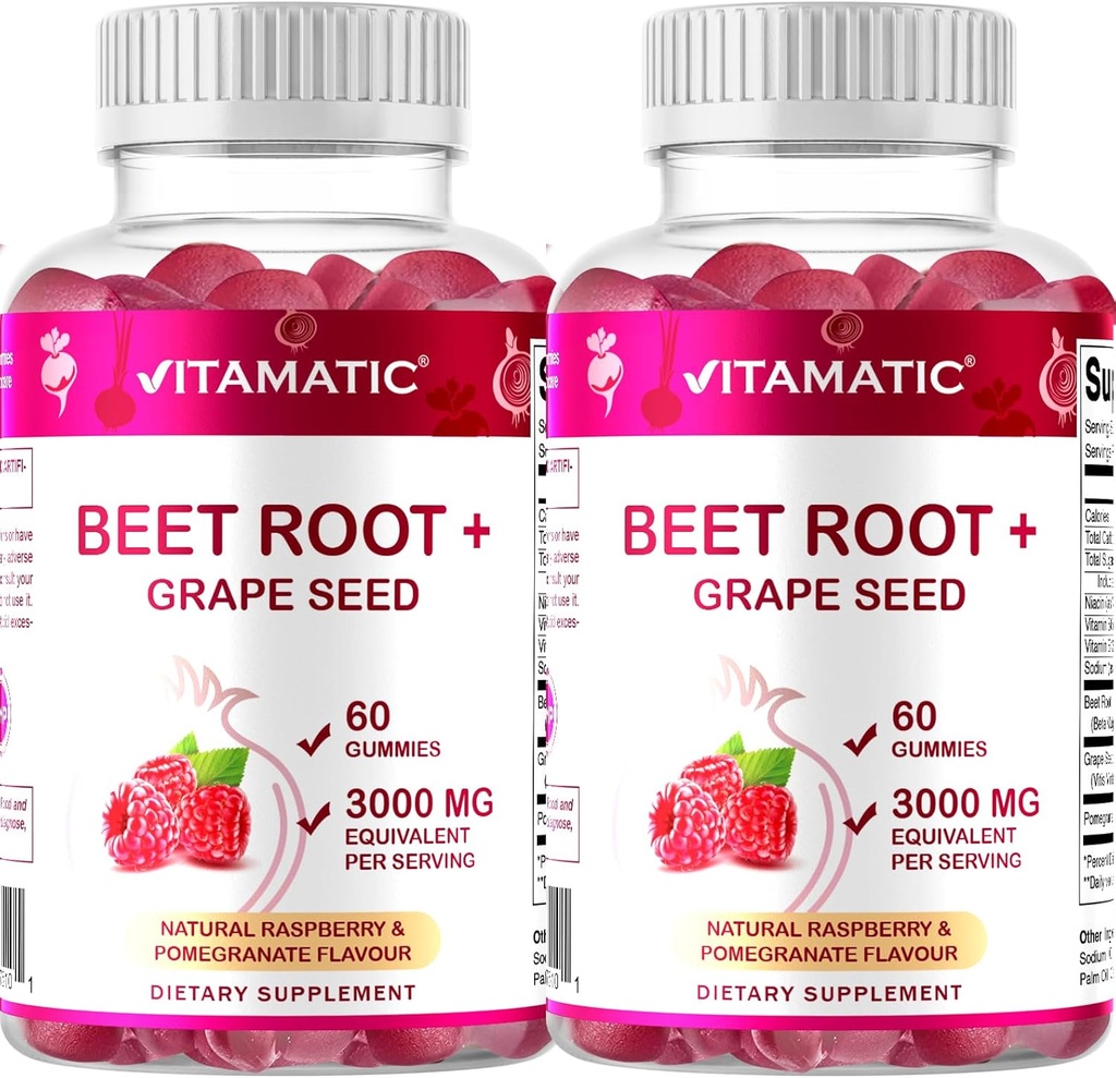 Vitamatic Beet Root Gummies - 3000mg Equivalent Per Serving - 60 Gummies - Made with Vitamin B6, B12, Grape Seed, Pomegranate & Nicotinamide (Pack of 2)