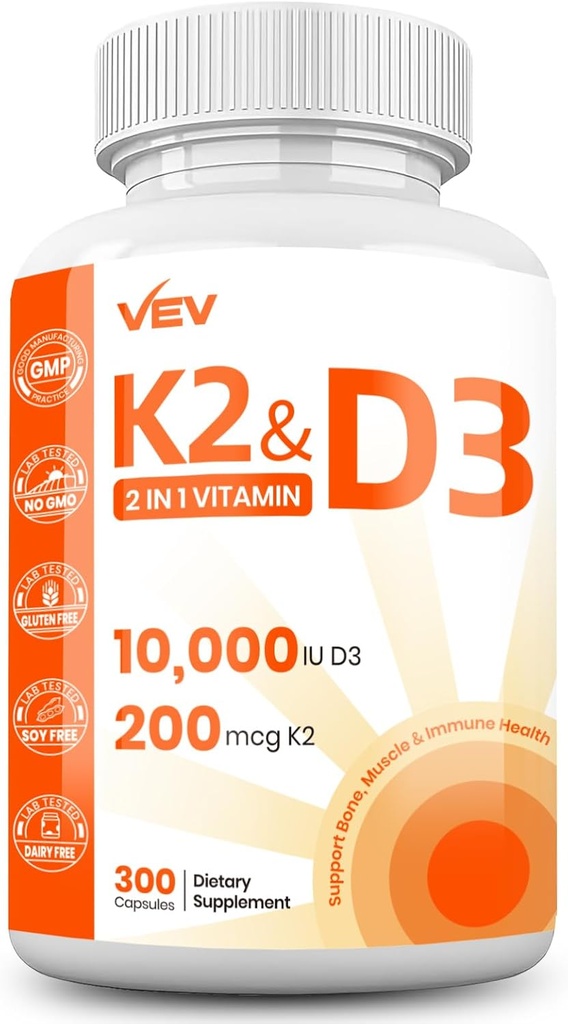 VEV Vitamin D3 K2 – Easy-to-Swallow Capsules, 300 Capsules (Packaging May Vary)