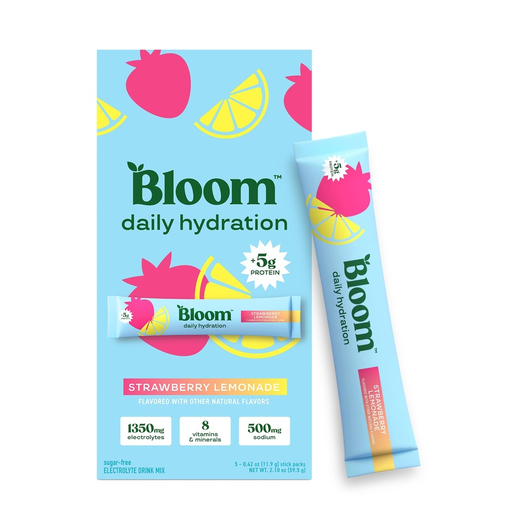 Bloom Daily Hydration Electrolyte Powder Packets with Collagen, 5g Protein, Electrolytes, Vitamins & Minerals, Sugar Free Drink Mix, Strawberry Lemonade, 5 Count