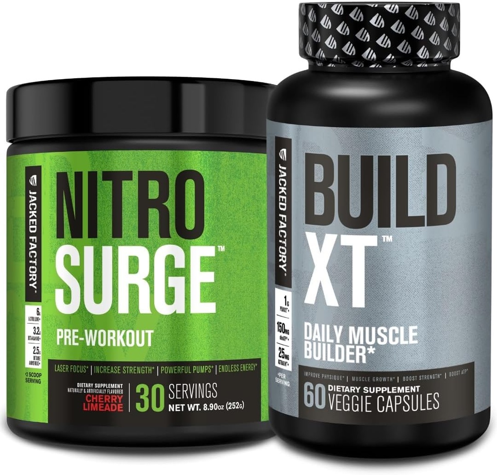 Jacked Factory Nitrosurge Pre-Workout in Cherry Limeade & Build XT Muscle Building Bundle for Men & Women