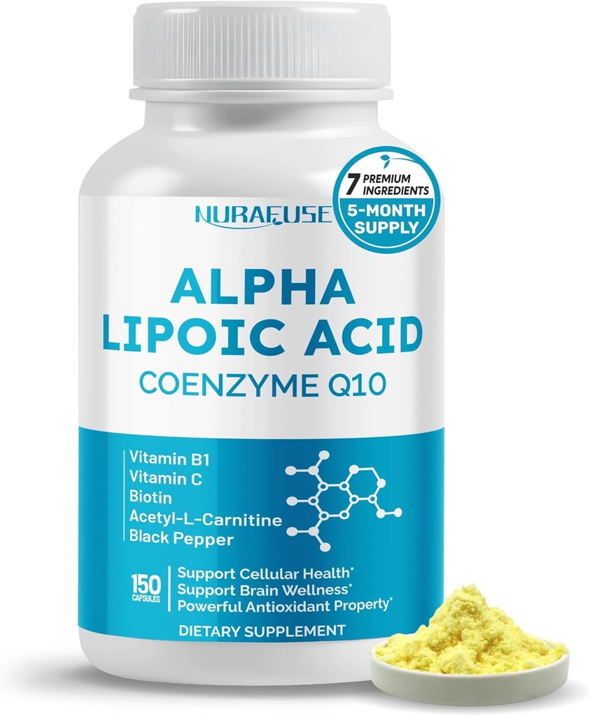 Alpha Lipoic Acid with Coenzyme Q10, Vitamin B, Vitamin C, Biotin, Acetyl-L-Carnitine - Support Cellular Health, Brain Wellness - Made and Tested in The USA