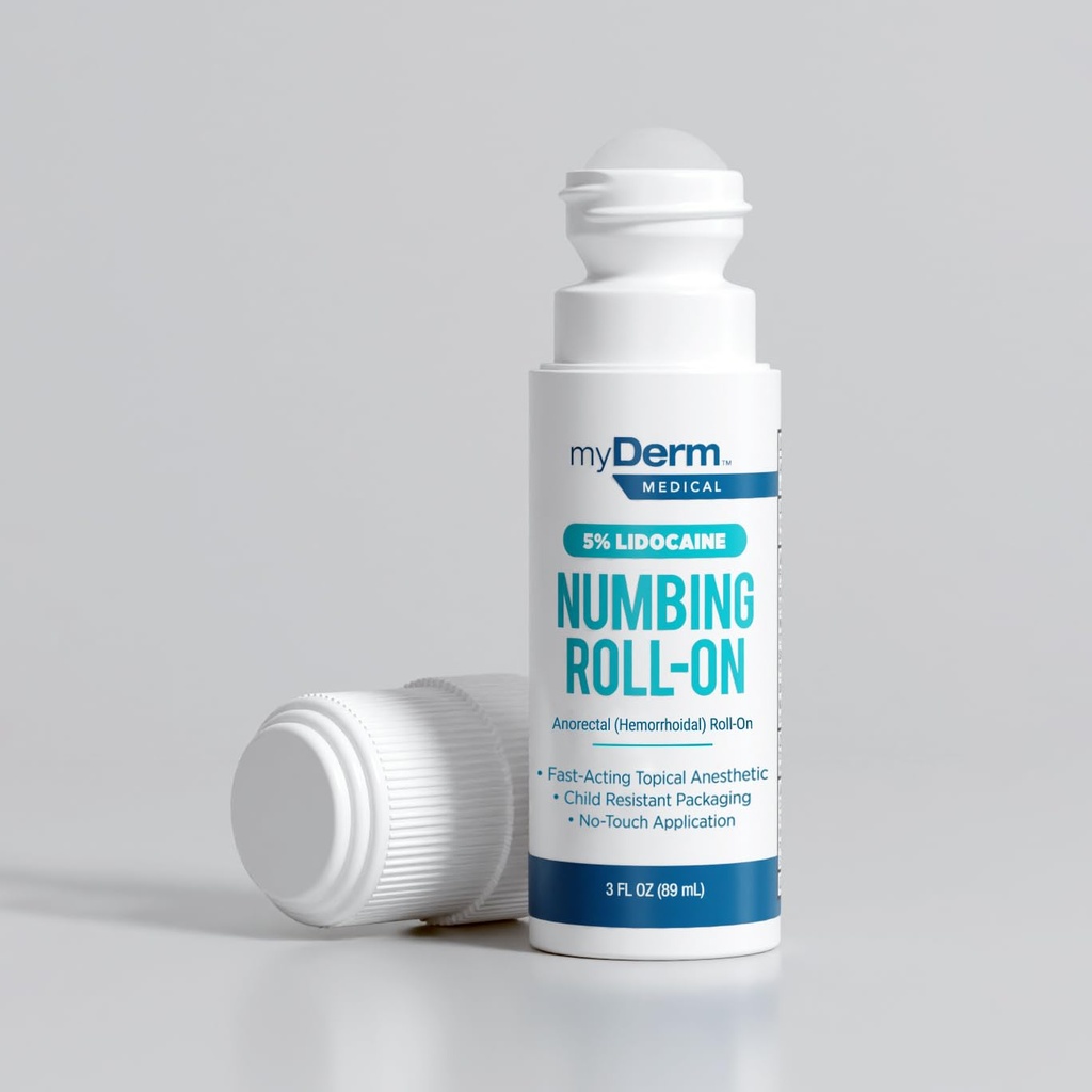 Myderm Medical 5% Lidocaine Roll On - 3 fl oz - for Minor Aches, Scratches and Anorectal Discomfort - Made in the USA.