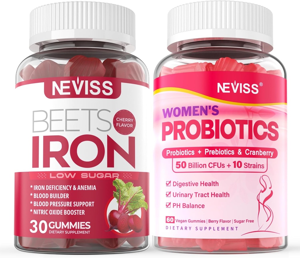 NEVISS Vegan Iron Supplement Gummies, Gentle Iron + Probiotics for Women Gummies