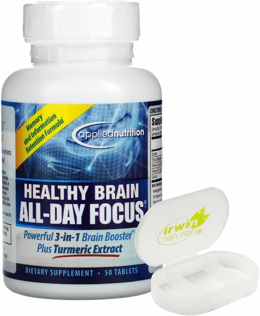 Nutrition Healthy Brain All Day Focus Tumeric Extract Supplement 50 Tablets with Pill Case