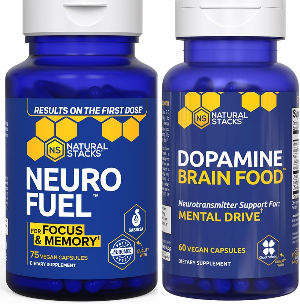 NATURAL STACKS NeuroFuel Nootropic + Dopamine Brain Food Bundle - Supports Memory, Motivation & Focus* - 135 Total Capsules