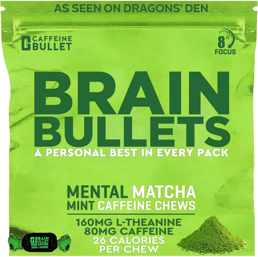 80mg Caffeine & 160mg L-Theanine Focus Enhancing Energy Chews (16 Servings) – Neuroscience Backed Nootropic Stack, Mental Acuity & Cognitive Support | Mint Matcha Flavor Brain Bullet