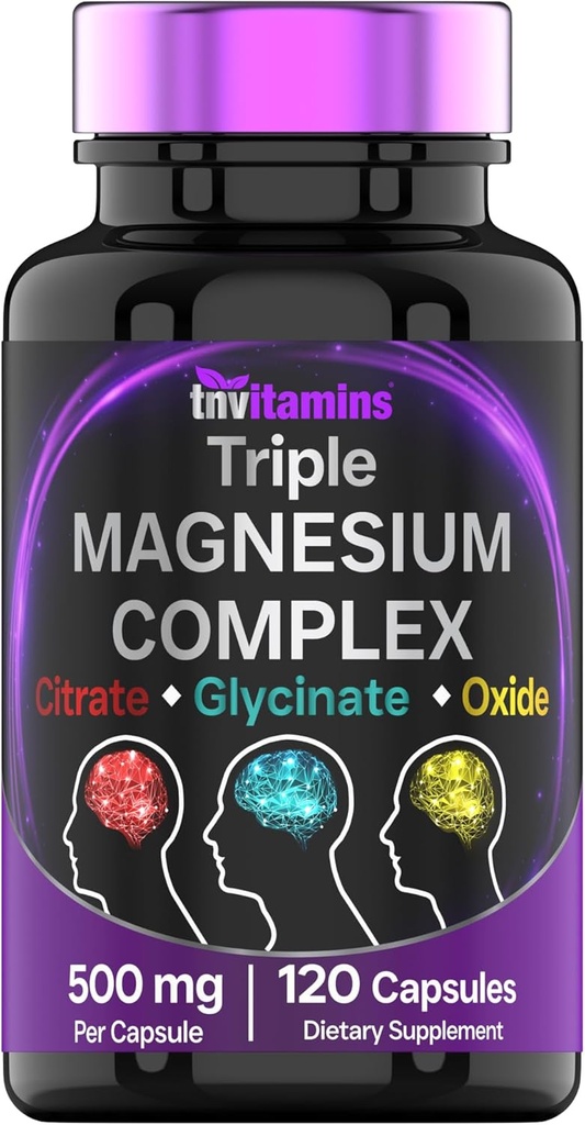 Triple Magnesium Complex Supplement 500mg: Magnesium Glycinate, Citrate, & Oxide - 120 Capsules (4 Month Supply!) | 1 Capsule Serving Provides 125% Daily Value | Non-GMO, Made in The USA!