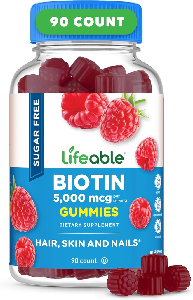 Lifeable Sugar Free Biotin Gummies | 5000mcg Vitamin B7 | Great Tasting Biotin Supplement | for Hair Growth, Skin and Nail Health | Hair Supplement for Women, Men, Adults | 90 Gummies