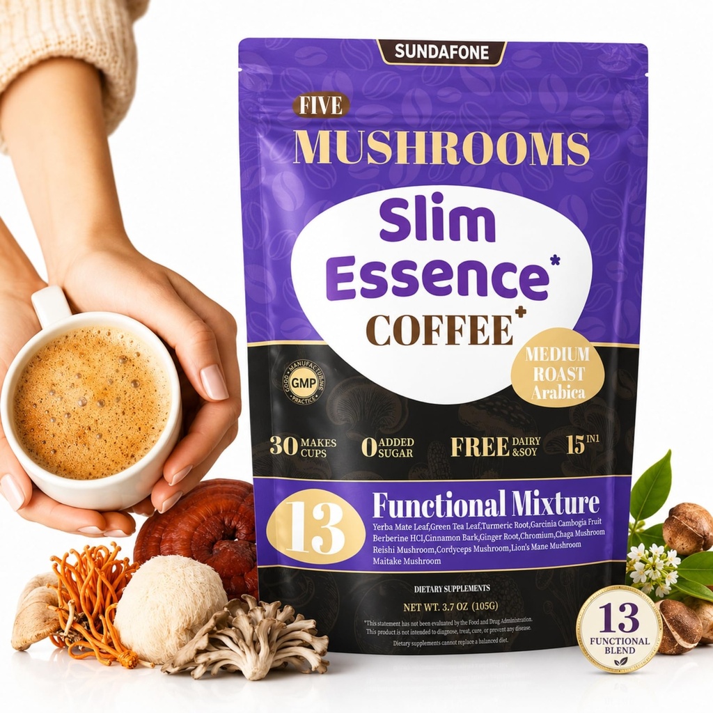 SUNDAFONE Slim Essence Mushroom Coffee - 22,500mg 5-Mushroom Blend + Botanicals | Supports Mental Clarity & Natural Energy | Instant Medium Roast Arabica, No Added Sugar - 30 Servings