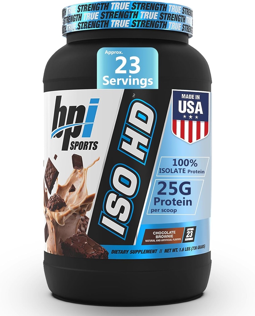 BPI Sports ISO HD Isolate Protein Powder – 100% Whey Isolate, Protein Powder for Muscle Gain - Chocolate Brownie - 1.6 Lb - 23 Servings