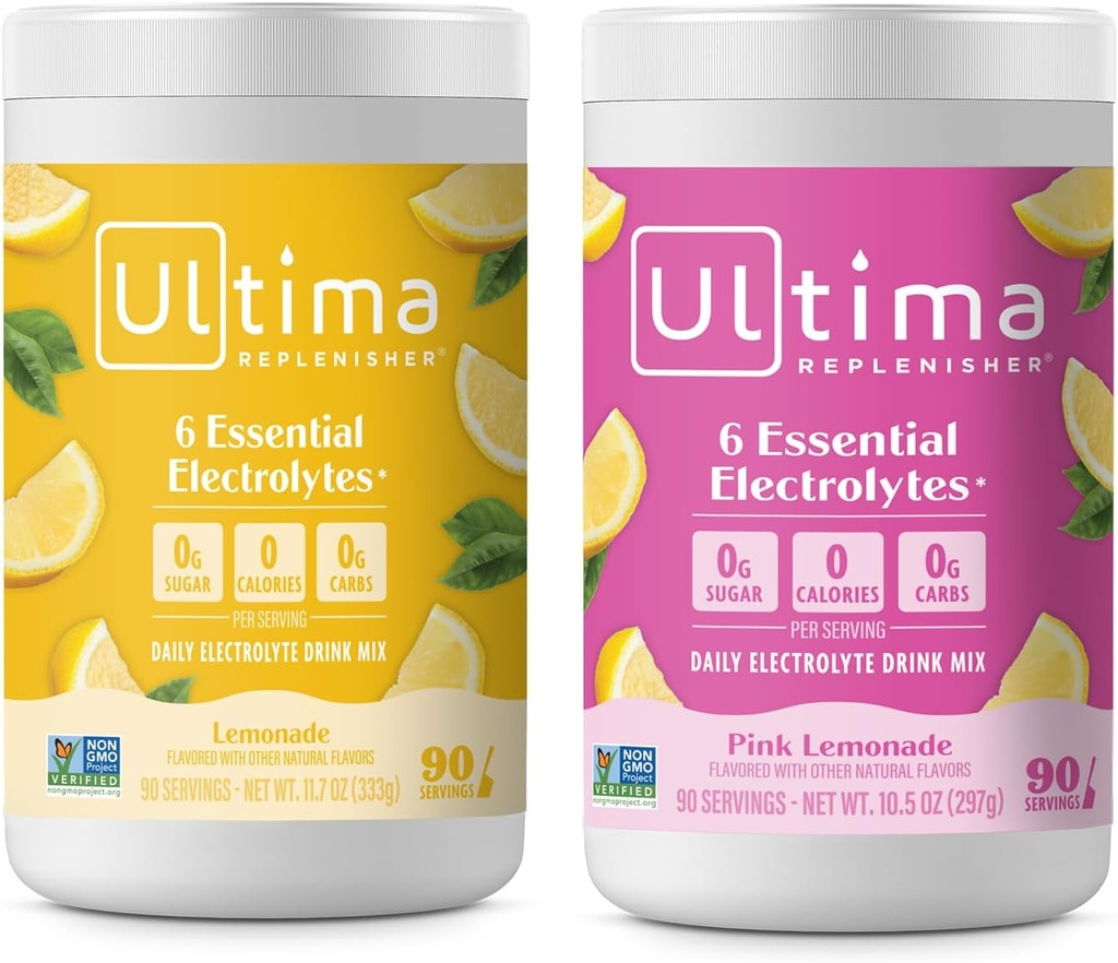[BRSRMHY2AUMAGD33] Ultima Replenisher Electrolyte Powder Drink Mix Bundle – Sugar Free – Lemonade and Pink Lemonade, 90 Servings– Hydration Powder - 6 Key Electrolytes and Trace Minerals – Keto Friendly, Non-GMO