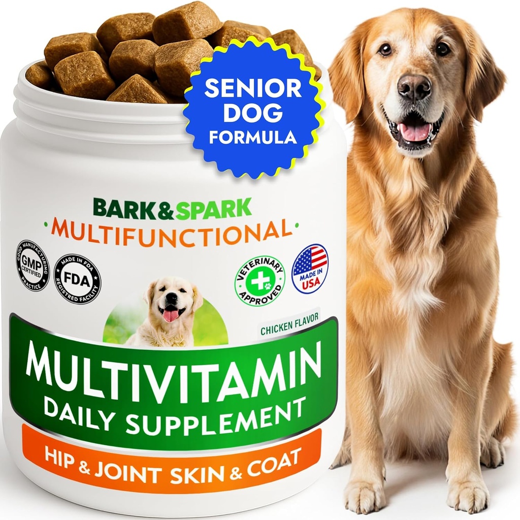 BARK&SPARK Dog Vitamins & Supplements - Multivitamin Chewable Treats for Dogs - Glucosamine Chondroitin for Joint Support + Omega for Skin & Coat + Probiotics - Multi Vitamin for Pets Health - 120Ct