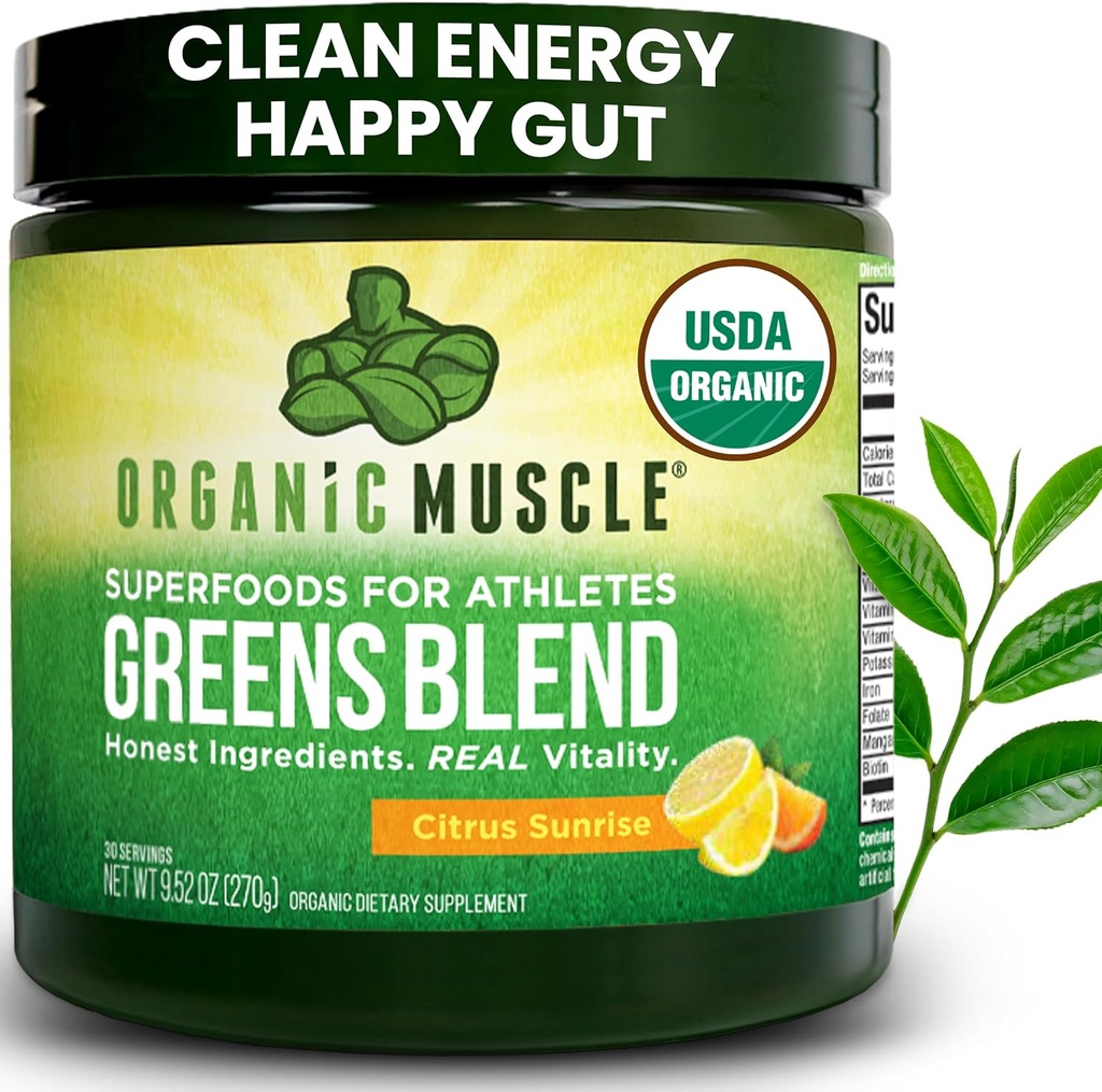 Organic Muscle Super Greens Powder Organic Superfood Powder with Probiotics, Spirulina, Chlorella, and Matcha| Non-GMO, 30 Servings