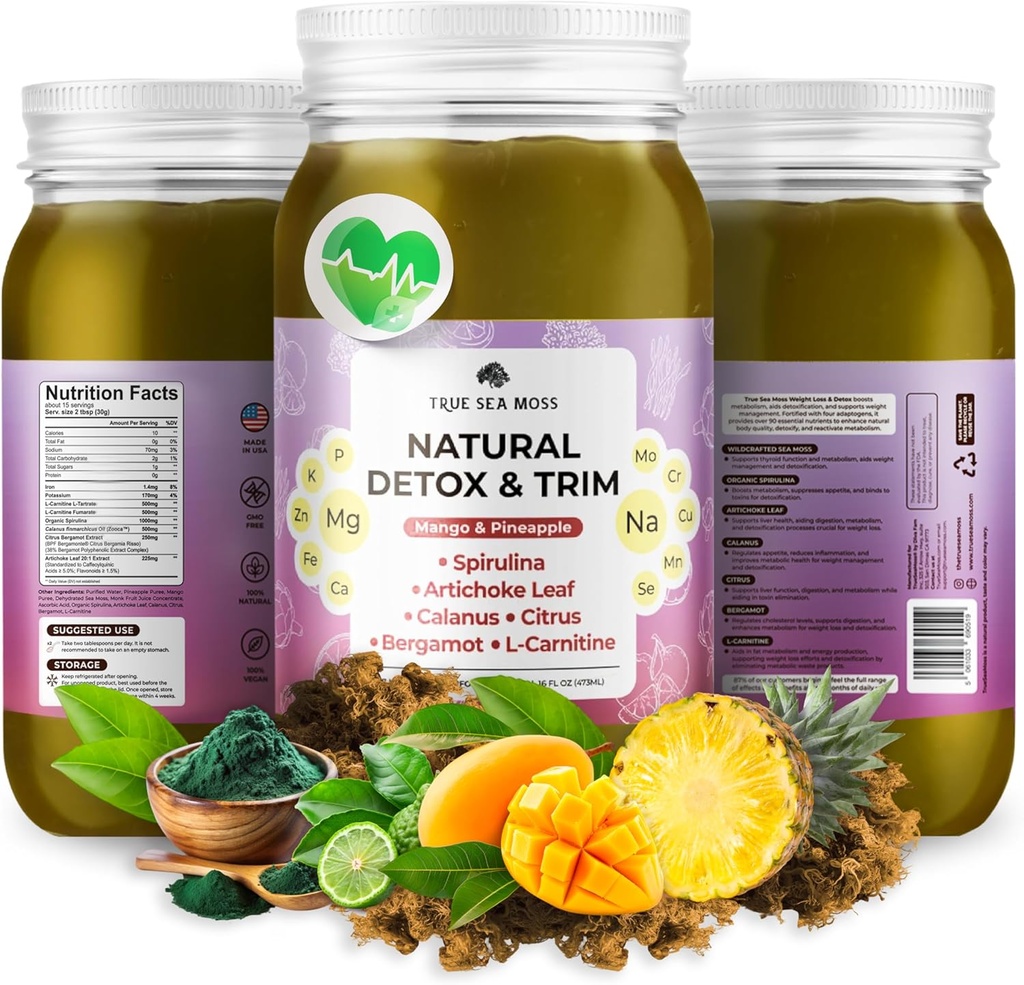 Pro-Line Gel - Natural Detox/Trim - 5+ Flavors - Fruit Gel with Premium Sea Moss & Potassium - Vegan-Friendly - Vitamin & Mineral Rich Supplement - Made in USA (Mango/Pineapple, Pack of 1)