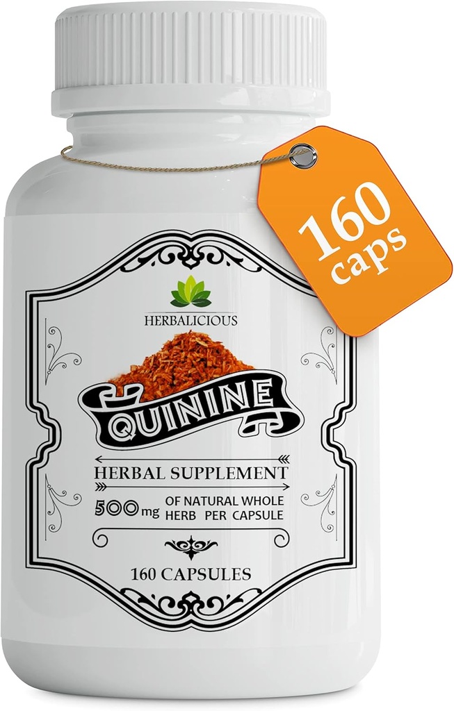 Quinine Capsules - Cinchona Officinalis Bark Herbal Supplement for Muscle, Cramp Defense and Overall Digestive Health - All-Natural Quinine Sulfate Pills, 500mg per Capsule, 160 Tablets