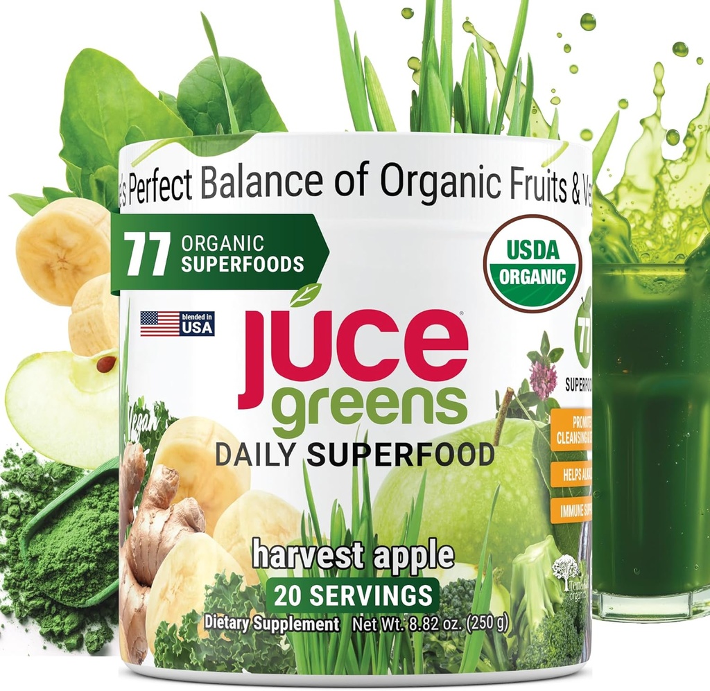 JUCE Green Superfood Powder, Organic Fruits and Veggies Supplement W/ 77 Superfoods Plus Prebiotic Probiotic Blend, Harvest Apple Flavor - 20 Servings (250 g)