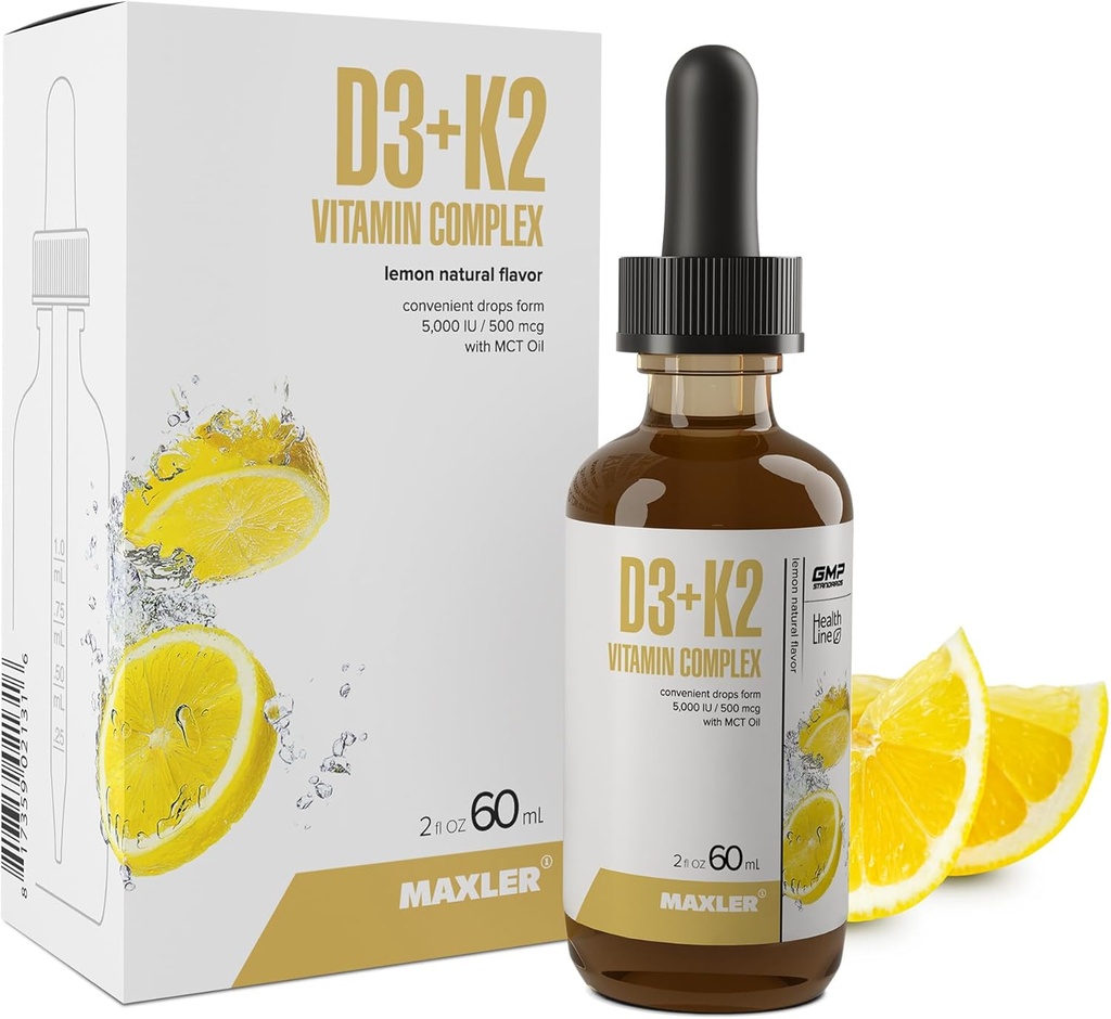 Maxler Vitamin D3 K2 Drops with MCT Oil - Heart, Bone & Immune Support - No GMO, Colors, Sweetener, Alcohol - Vitamin D3 5000 IU & Vitamin K2 500 mcg per 1 Serving - 120 Servings Lemon Flavor