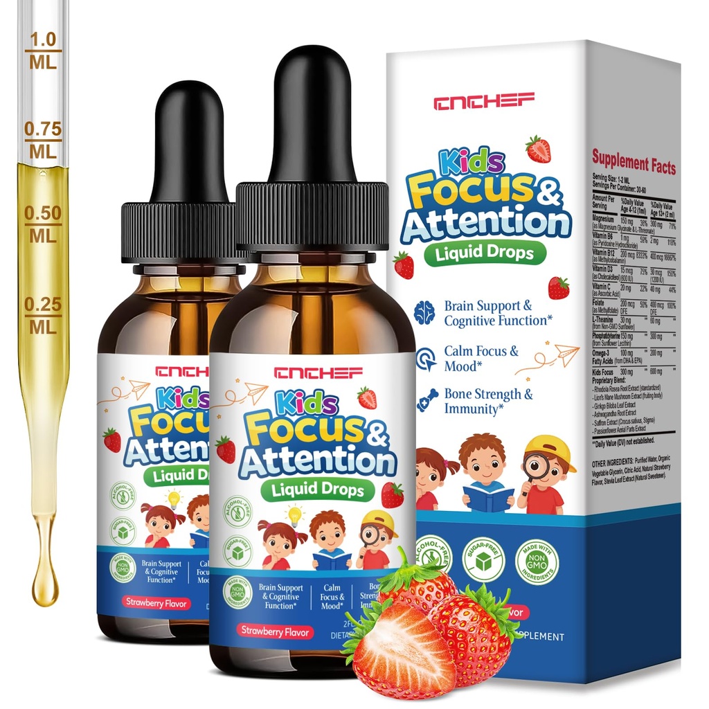 Kids Focus & Attention Supplements with Phosphatidylserine, Magnesium Glycinate, L-Threonate, Omega-3, L-Theanine & multivitamin - Kids ADHD Brain Liquid Drops - for Memory, Cognitive, Calm & Mood