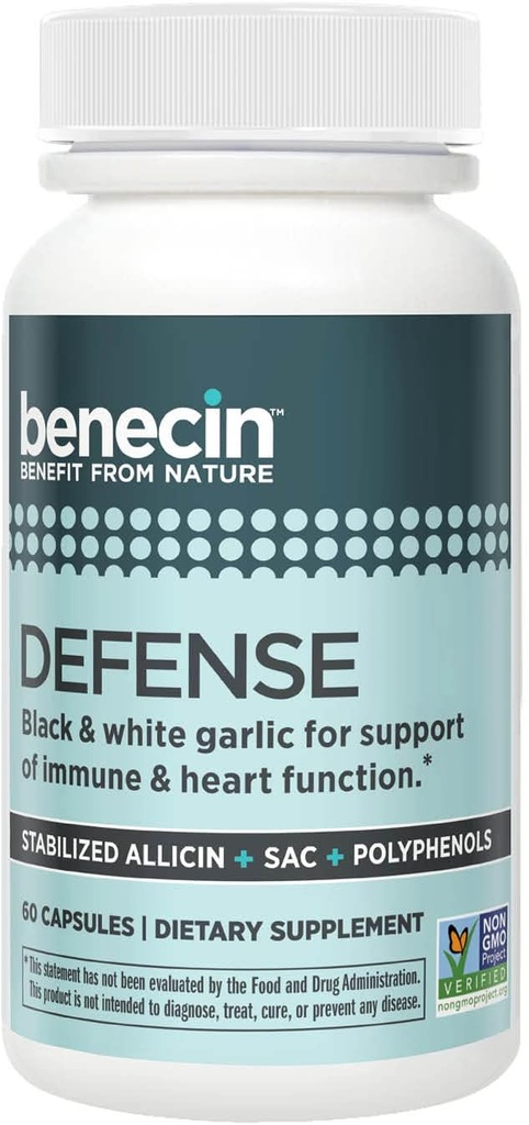 Benecin Defense 1500 mcg Stabilized Allicin per Capsule | Plus high Amounts of SAC & Polyphenols from Black Garlic | Powerful Support of Immune & Heart Function Vegetarian Caps (1 Count (Pack of 60))