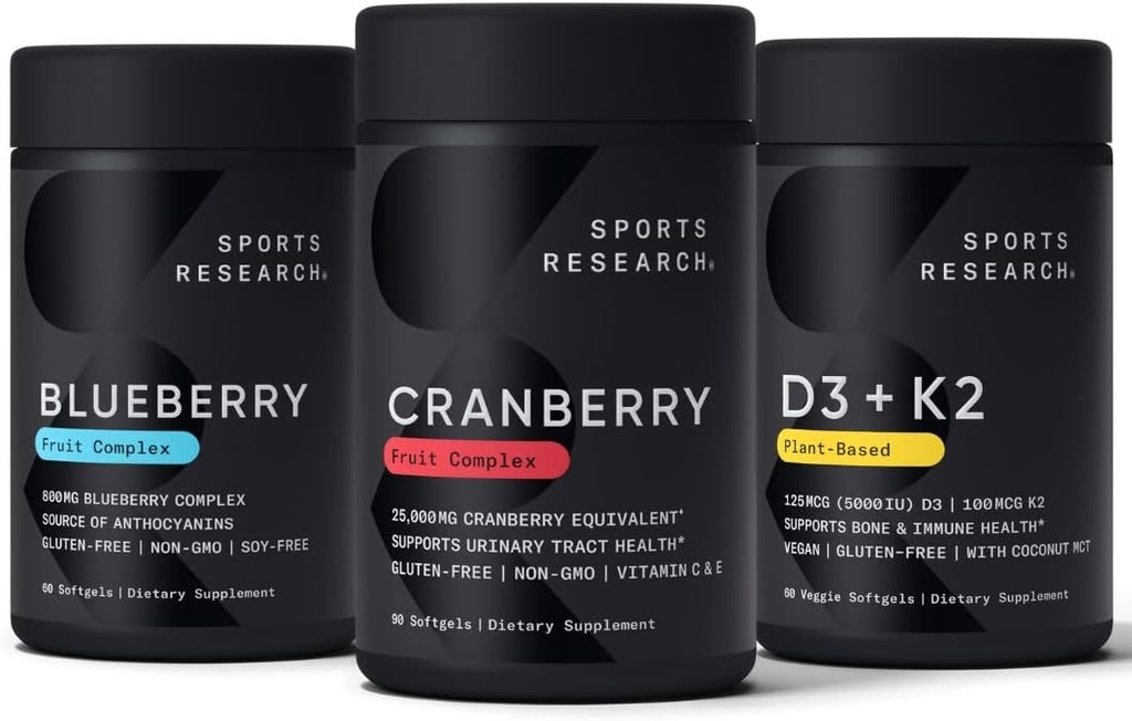 Sports Research Cranberry Fruit Complex Supplement with Pacran & Vitamins C & E, Whole Fruit Blueberry Concentrate Made from Organic Blueberries and Plant Based Vitamin D3 + K2 with Coconut Oil