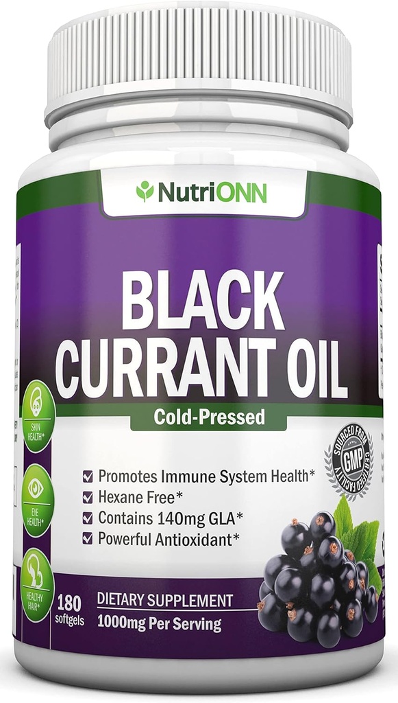 Black Currant Oil - 1000 Mg - 180 Softgels - Cold-Pressed Pure Black Currant Seed Oil - Hexane Free - 140mg GLA Per Serving - Regulates Hormonal Balance - Great For Immune System, Hair and Skin