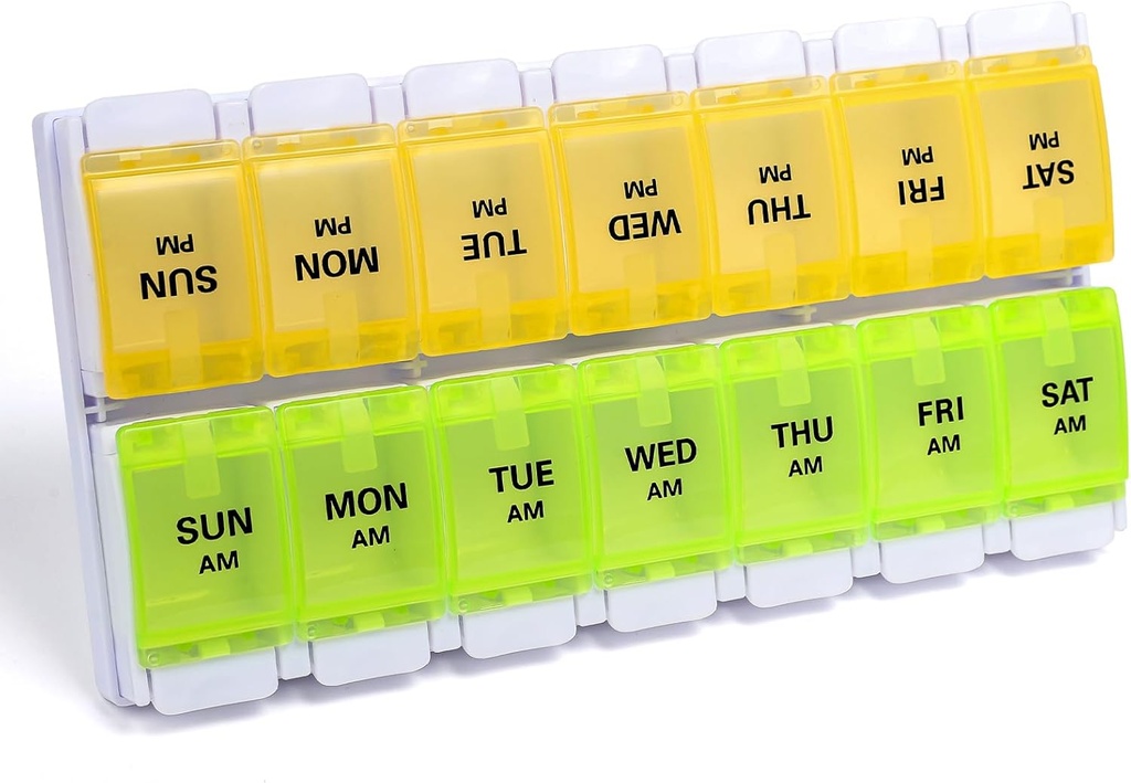Sukuos AM PM Weekly Pill Organizer 7 Day, 2 Times A Day Medicine Pill Box with Easy Push Button, BPA Free Vitamin Cases for Fish Oil/Supplements, Easy to Clean (Yellow&Green)