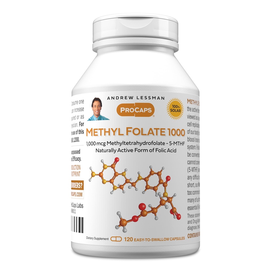 ANDREW LESSMAN Methyl Folate 1000mg - 120 Capsules - 1000 mcg L-Methyl Folate, Potent Levels of Essential Vitamin B9. Supports Healthy Heart, Brain, Immune and Pregnancy. Easy to Swallow Capsules
