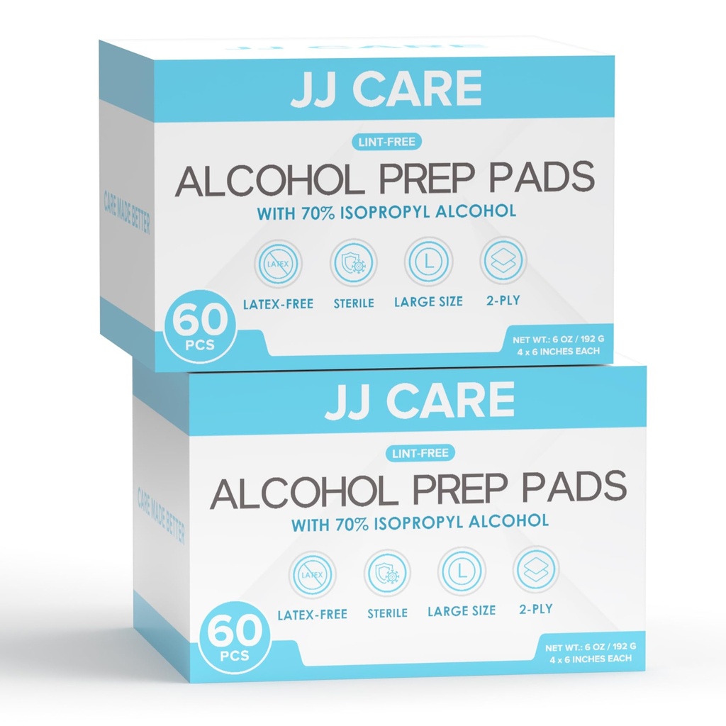 JJ CARE Large Alcohol Prep Pads [Pack of 120], 4 x 6" Sterile Prep Pads Individually Wrapped, 70% Isopropyl Alcohol Wipes, 2 Ply First Aid Swabs, Perfect for Medical, First Aid Kit & Home