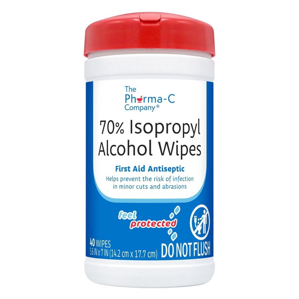 The Pharma-C Company 70% Isopropyl Alcohol Wipes [40 wipes] - IPA First Aid Antiseptic Wound Cleaner with Moisture Lock Lid. For minor cuts, scrapes, and burns.